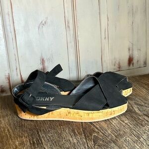 Vintage DKNY cork wedge slingback sandals black fabric 90s 8 platform